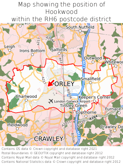 Map showing location of Hookwood within RH6