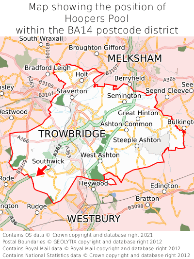 Map showing location of Hoopers Pool within BA14