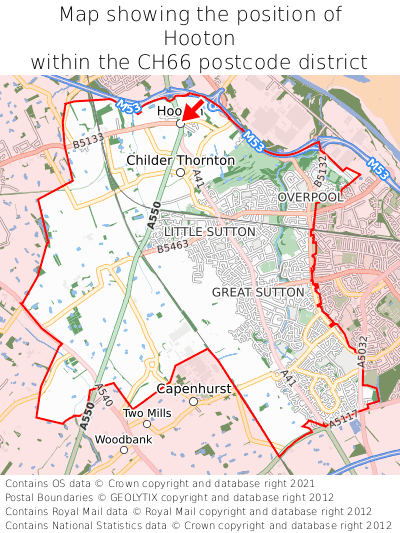 Map showing location of Hooton within CH66