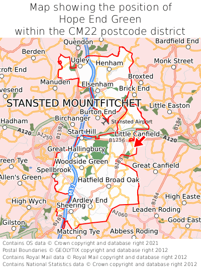 Map showing location of Hope End Green within CM22