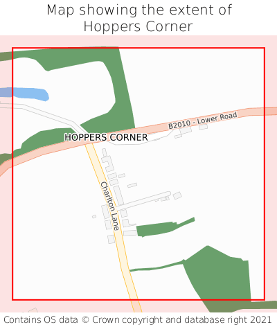 Map showing extent of Hoppers Corner as bounding box