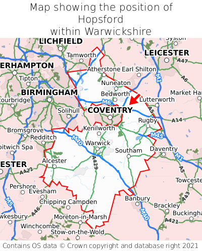 Map showing location of Hopsford within Warwickshire