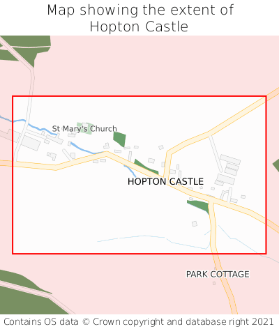 Map showing extent of Hopton Castle as bounding box