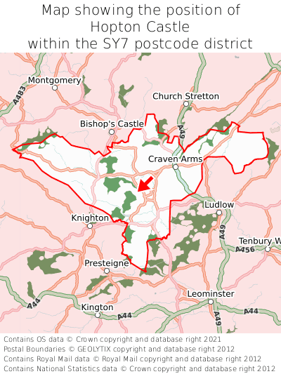 Map showing location of Hopton Castle within SY7