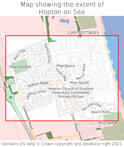 Map showing extent of Hopton on Sea as bounding box