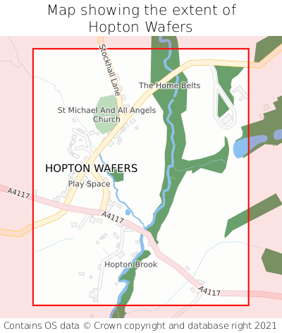 Map showing extent of Hopton Wafers as bounding box