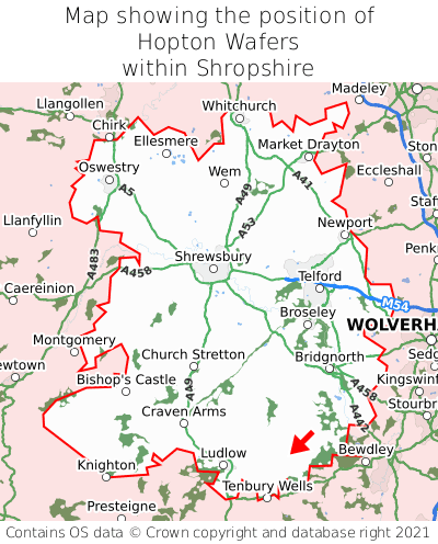 Map showing location of Hopton Wafers within Shropshire