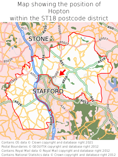 Map showing location of Hopton within ST18