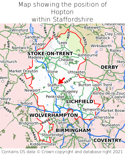 Map showing location of Hopton within Staffordshire