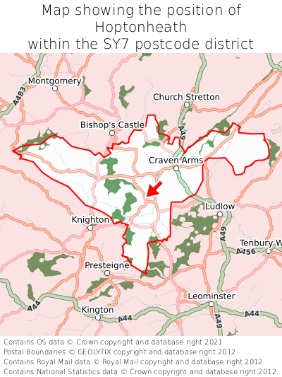 Map showing location of Hoptonheath within SY7