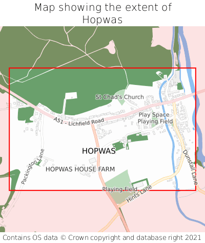 Map showing extent of Hopwas as bounding box