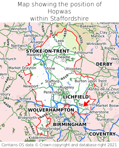 Map showing location of Hopwas within Staffordshire