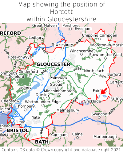 Map showing location of Horcott within Gloucestershire