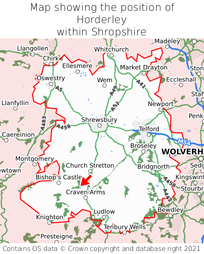 Map showing location of Horderley within Shropshire