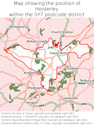 Map showing location of Horderley within SY7