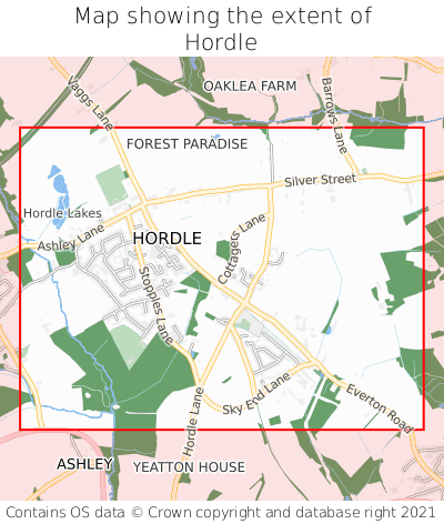 Map showing extent of Hordle as bounding box