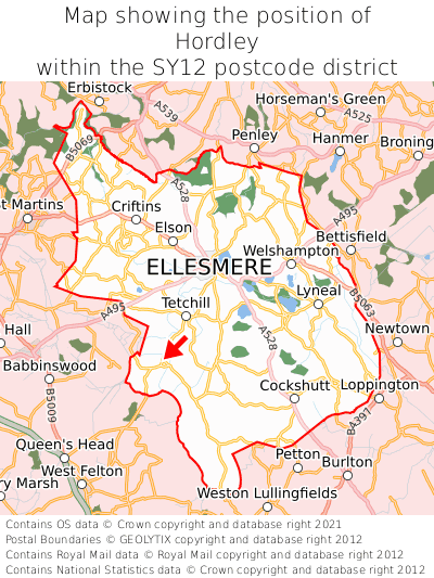 Map showing location of Hordley within SY12