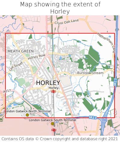 Map showing extent of Horley as bounding box