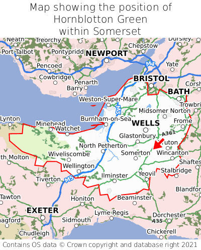 Map showing location of Hornblotton Green within Somerset
