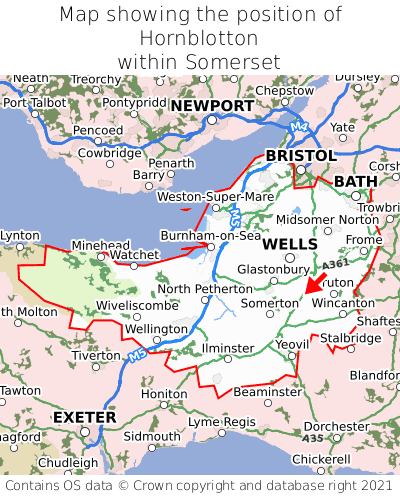 Map showing location of Hornblotton within Somerset