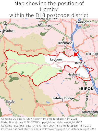 Map showing location of Hornby within DL8