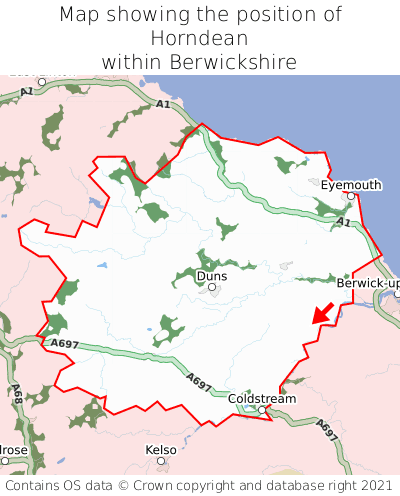 Map showing location of Horndean within Berwickshire