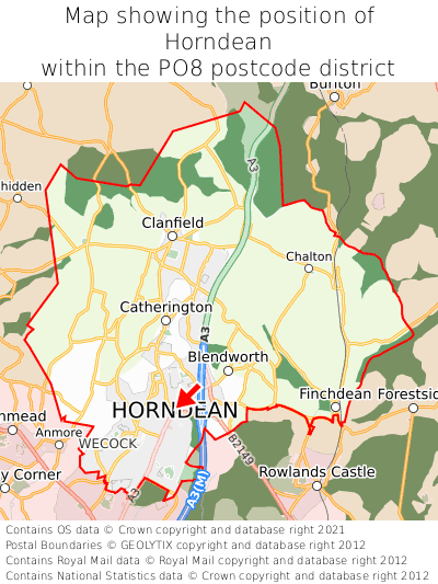 Map showing location of Horndean within PO8