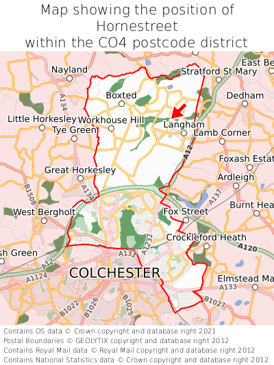 Map showing location of Hornestreet within CO4