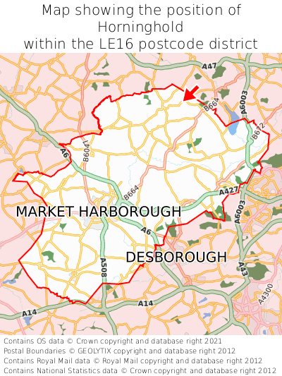 Map showing location of Horninghold within LE16