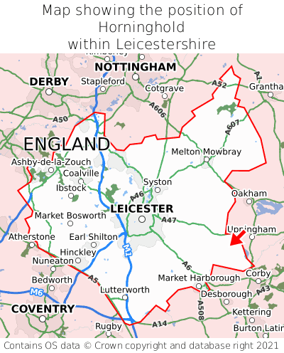 Map showing location of Horninghold within Leicestershire