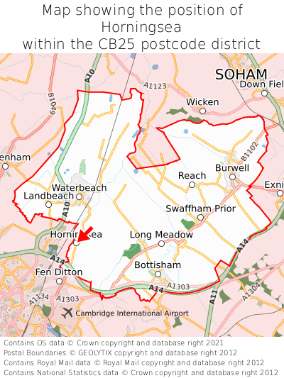 Map showing location of Horningsea within CB25