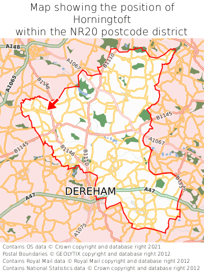 Map showing location of Horningtoft within NR20