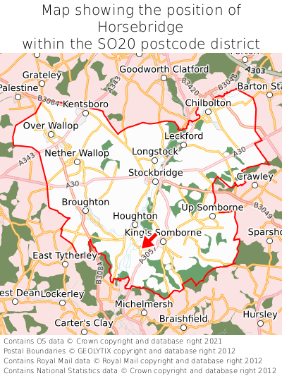 Map showing location of Horsebridge within SO20