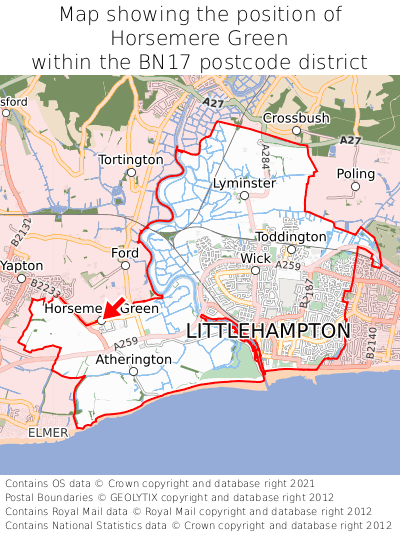 Map showing location of Horsemere Green within BN17