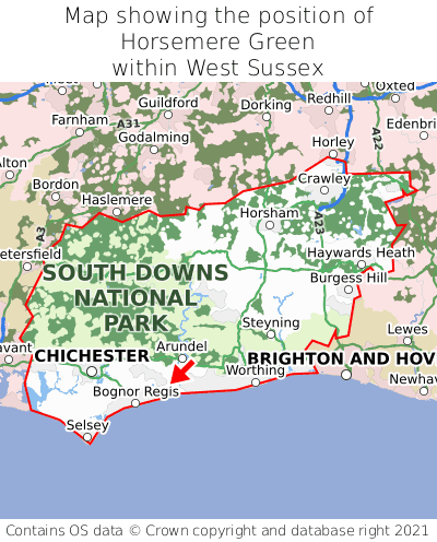 Map showing location of Horsemere Green within West Sussex