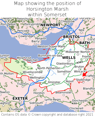 Map showing location of Horsington Marsh within Somerset