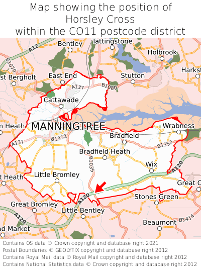 Map showing location of Horsley Cross within CO11