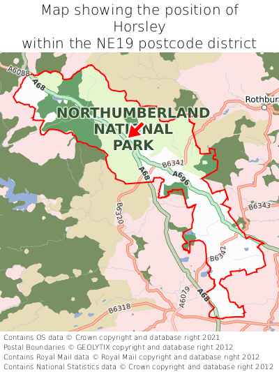 Map showing location of Horsley within NE19