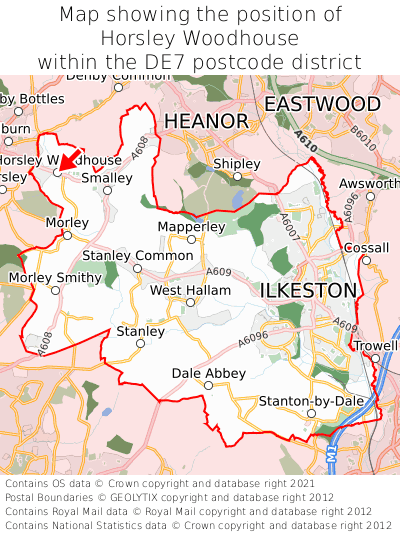 Map showing location of Horsley Woodhouse within DE7