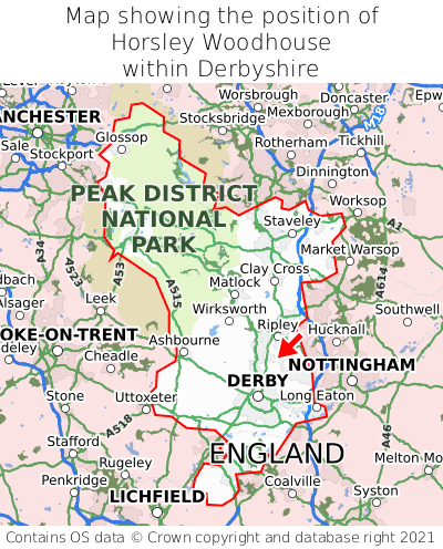 Map showing location of Horsley Woodhouse within Derbyshire