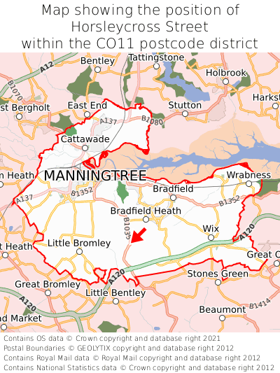 Map showing location of Horsleycross Street within CO11