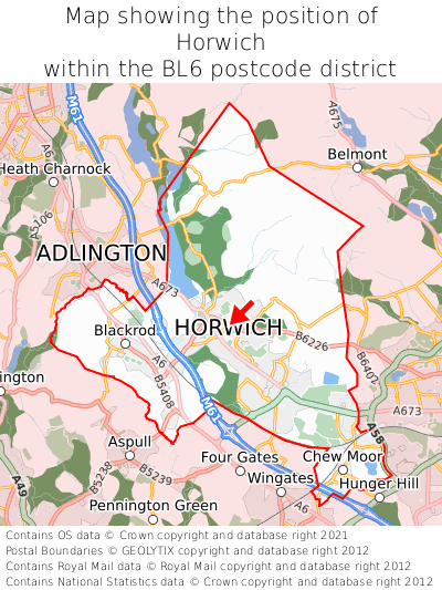 Map showing location of Horwich within BL6