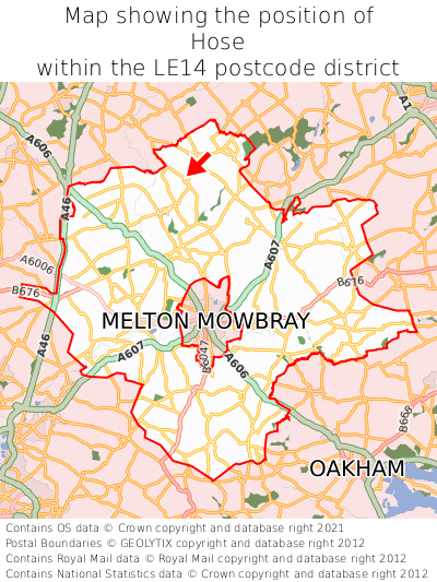 Map showing location of Hose within LE14