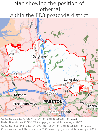Map showing location of Hothersall within PR3