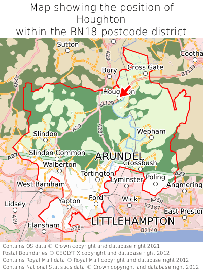 Map showing location of Houghton within BN18