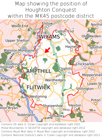 Map showing location of Houghton Conquest within MK45