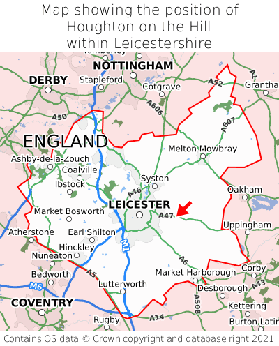 Map showing location of Houghton on the Hill within Leicestershire