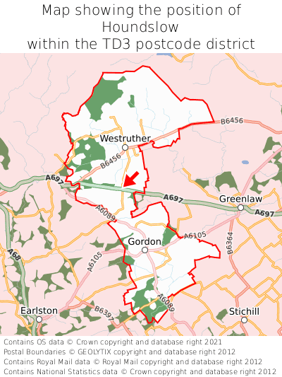 Map showing location of Houndslow within TD3