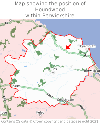 Map showing location of Houndwood within Berwickshire