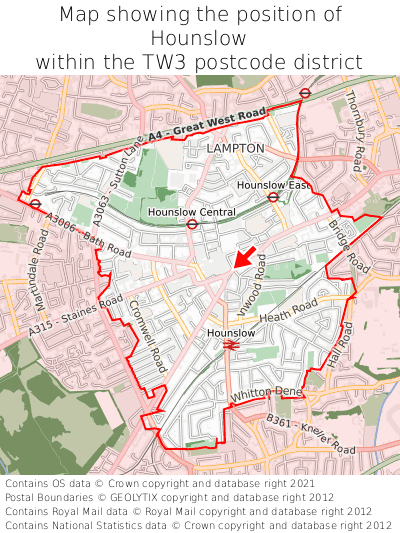 Map showing location of Hounslow within TW3